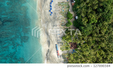 Aerial View of Beautiful Pasir Putih Beach or Virgin Beach. Bali, Indonesia. 127890384