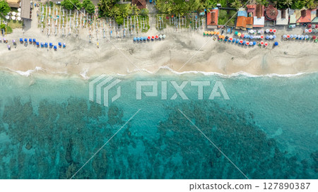 Aerial View of Beautiful Pasir Putih Beach or Virgin Beach. Bali, Indonesia. 127890387