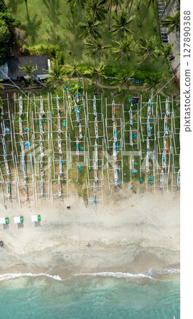 Aerial View of Beautiful Pasir Putih Beach or Virgin Beach. Bali, Indonesia. 127890388