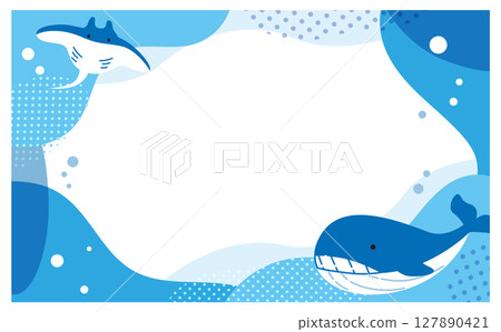鯨魚和蝠鱝海洋插圖框架背景資料 鯨魚和蝠鱝海洋插圖框架背景資料 127890421