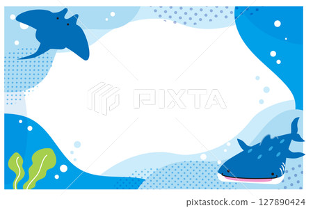 鯨鯊與蝠魟海洋框架插畫素材 127890424