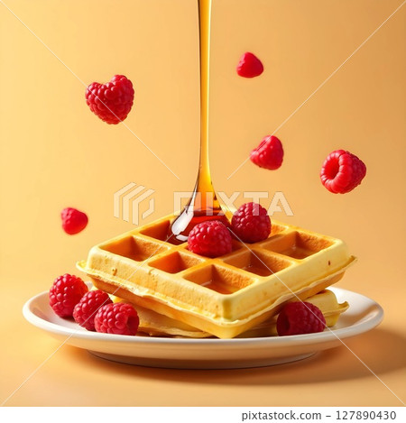 on a peach background sweet waffles, honey flows and raspberries fall on a peach background sweet waffles, honey flows and raspberries fall 127890430