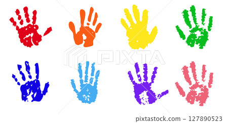 Hand rainbow print, color paint stain, handprint set. Happy childhood artistic kids stamp collection. Abstract handprint, vibrant paint splashes. Creative symbols children art Hand rainbow print, color paint stain, handprint set. Happy childhood artistic kids stamp collection. Abstract handprint, vibrant paint splashes. Creative symbols children art 127890523