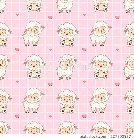 Seamless pattern with Cute Sheep on gently pink checkered background. Happy Cartoon Funny kawaii Farm Animal character. Vector illustration. Kids collection 127890527