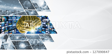 各種技術圖像的拼貼橫幅和廣告的水平視覺效果 127890647