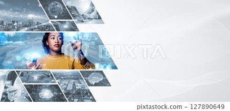 各種技術圖像的拼貼橫幅和廣告的水平視覺效果 各種技術圖像的拼貼橫幅和廣告的水平視覺效果 127890649