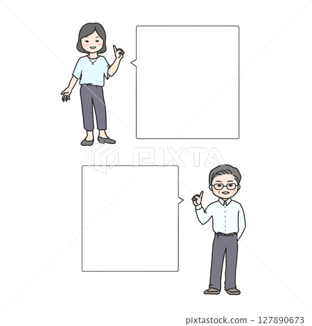 Men and women in summer clothes and white speech bubbles 127890673