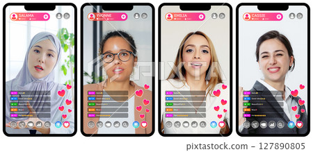 Multinational female live streamer's smartphone app screen interface 127890805