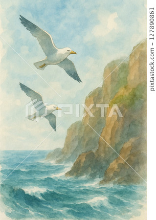 海岸上飛翔的海鷹 | 懸崖之上 | 藍天與海鷗 | 自由飛翔水彩畫 127890861