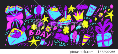 Happy birthday party neon markers drawn set. Celebration Bday doodle isolated on dark background. Gift, flowers and cakes with balloons for festive. Vector scribbles elements illustration by pencil 127890966