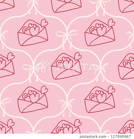Coquette envelope crayon seamless pattern. Ogee gift and ribbons endless background. Girly festive pink damask repeat cover. Surface pattern birthday or wedding motif. Vector hand drawn illustration 127890967