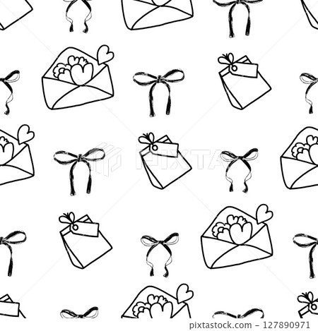 Coquette party crayon seamless pattern. Gift envelope and ribbons endless background. Girly festive black and white repeat cover. Surface pattern birthday motif. Vector hand drawn illustration 127890971