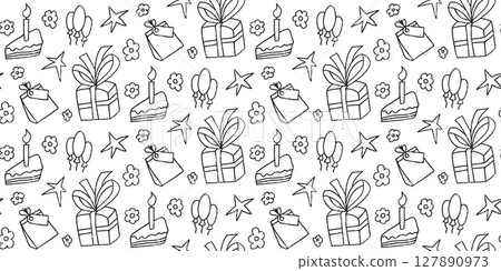 Birthday party marker scribble seamless pattern. Festive doodle endless background. Hand drawn kids black and white repeat cover. Surface pattern design b-day motif. Vector hand drawn illustration Birthday party marker scribble seamless pattern. Festive doodle endless background. Hand drawn kids black and white repeat cover. Surface pattern design b-day motif. Vector hand drawn illustration 127890973