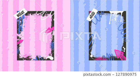 Before and after picture template. Graffiti frames for photo comparison. Competition layout borders with grunge vibrant paint decoration. Empty vs challenge concept. Vector background illustration 127890975