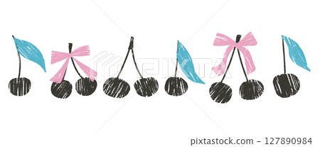 Cherry crayon textured set. Coquette berries with bows and leaves doodle isolated on white background. Fruits shapes grunge elements. Vector kid naive illustration by pencil Cherry crayon textured set. Coquette berries with bows and leaves doodle isolated on white background. Fruits shapes grunge elements. Vector kid naive illustration by pencil 127890984