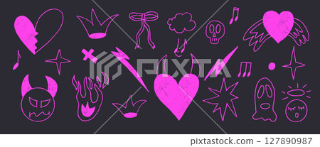 Neon breaking heart line doodles set. Devil and angels purple pink crayon drawn shapes. Scribble grunge love girly elements. Hearts, bows, crown and sketch shapes. Vector quirky pencil illustration 127890987