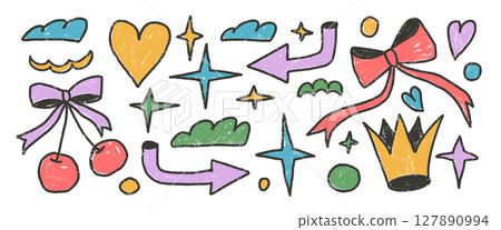 Graphic shapes crayon hand drawn set. Naive multi colors doodle stickers figures on white background. Crown, cherry, heart and geometric forms sketch elements. Vector illustration by pencil 127890994