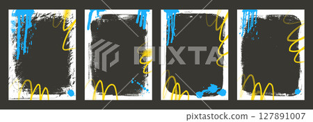 Grunge white blank sticker set. Frame templates with graffiti spread art. Mockup backgrounds for photo and text. Border with airbrush lines. Vector banner overlay frameworks with retro texture 127891007