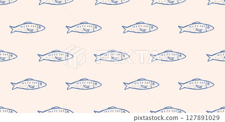 Crayon fish seamless pattern. Sardines hand drawn endless background. Nautical repeat cover. Sea continuous ornament. Surface pattern design water motif. Vector simple illustration 127891029