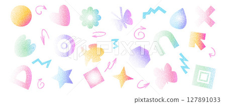 Grain various colors noise gradient geometric shape set. Y2k iridescent heart, drop and arch with flower forms. Gritty grunge butterfly and fish icons on white background. Vector illustration Grain various colors noise gradient geometric shape set. Y2k iridescent heart, drop and arch with flower forms. Gritty grunge butterfly and fish icons on white background. Vector illustration 127891033