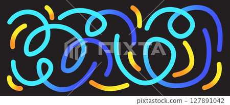 Blue and yellow wavy lines. A collection of soft, abstract long shapes. Gradient squiggles and spirals. Rainbow-colored curved elements on a black background. Vector children's gradient neon patterns 127891042