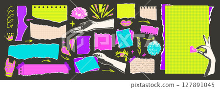 Set of torn school papers with hands and flowers. Tear sheet punk pieces pack. Note stickers with punk doodles. Empty blanks for memo. Scrapbooking collage paper. Vector hand drawn illustration Set of torn school papers with hands and flowers. Tear sheet punk pieces pack. Note stickers with punk doodles. Empty blanks for memo. Scrapbooking collage paper. Vector hand drawn illustration 127891045