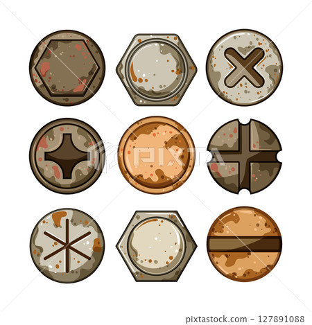 rusty screw head set cartoon vector illustration 127891088