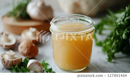 Freshly made bone broth in a jar with fresh herbs in a cozy kitchen Freshly made bone broth in a jar with fresh herbs in a cozy kitchen 127891484