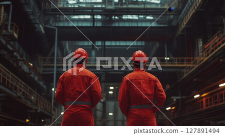 Industrial Workers in Red Hard Hats and Coveralls in Factory 127891494
