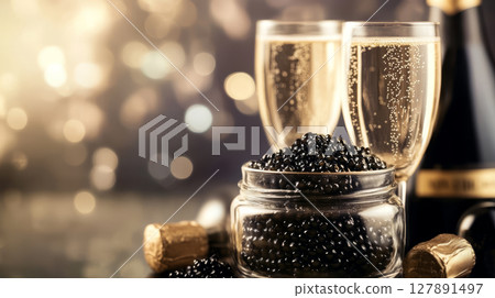 Black Caviar and Champagne on Elegant Table Setting 127891497