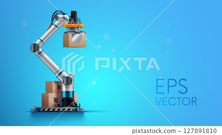 Robot hand or robotic arm sorts the cardboard boxes with products on factory warehouse. Logistics, automation industry concept. Box packages on pallet on storage. Robot palletizer realistic vector. Robot hand or robotic arm sorts the cardboard boxes with products on factory warehouse. Logistics, automation industry concept. Box packages on pallet on storage. Robot palletizer realistic vector. 127891810