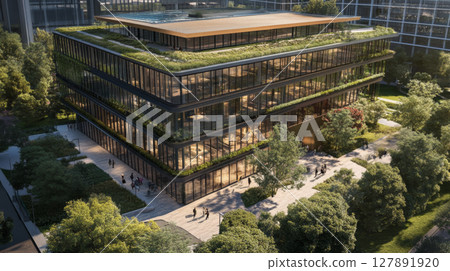 Eco-friendly office building with green rooftop and glass facade 127891920