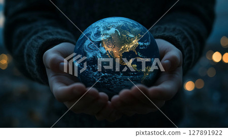 Earth at Night Cradled in Human Hands 127891922