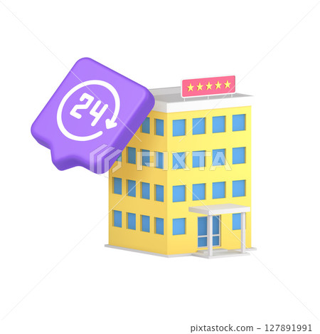 3d Realistic Icon Of Modern Yellow Hotel Building With Stars And 24 Hour Service Button 127891991