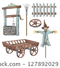 Set of rural objects well, scarecrow, fence, cart. Landscape farmland, ranch work, rustic lifestyle, agrarian. Decor for traditional country. Garden and greenhouse equipment. Isolated illustration 127892029