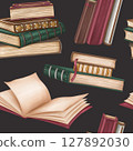 Seamless pattern with antique hardcover books decorated with metal and ornaments. Stacks of books, open empty diary, notebook. Old magic schools, education. Victorian style, information and education 127892030