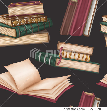 Seamless pattern with antique hardcover books decorated with metal and ornaments. Stacks of books, open empty diary, notebook. Old magic schools, education. Victorian style, information and education Seamless pattern with antique hardcover books decorated with metal and ornaments. Stacks of books, open empty diary, notebook. Old magic schools, education. Victorian style, information and education 127892030
