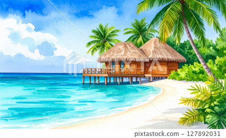 Tropical island paradise: white sand beach, turquoise sea, and palm trees under a summer sky, perfect for a relaxing vacation 127892031