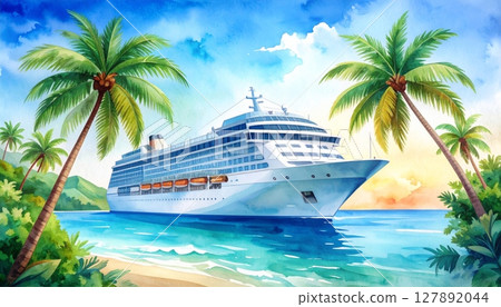 cruise ship glides across the sparkling tropical ocean, approaching a paradise island with sandy beaches and swaying palm trees under a sunny sky 127892044