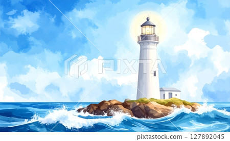 White lighthouse tower stands tall on the rugged coastline, a beacon of safety against the vast expanse of the ocean and sky White lighthouse tower stands tall on the rugged coastline, a beacon of safety against the vast expanse of the ocean and sky 127892045