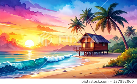 Tropical beach sunset with palm trees silhouetted against the evening sky and ocean 127892060