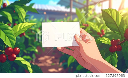 hand holding a blank paper card with a green flower, ready for your custom message or advertisement 127892063