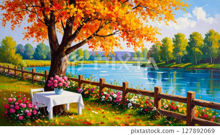 Autumn's colorful foliage blankets the park landscape, with yellow and red leaves reflecting in the still lake water near a wooden bench Autumn's colorful foliage blankets the park landscape, with yellow and red leaves reflecting in the still lake water near a wooden bench 127892069