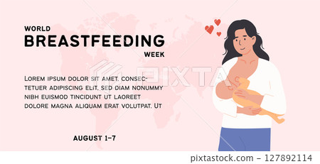 Mother breastfeeding baby to celebrate World Breastfeeding Week. Educational banner template for lactation awareness and maternal health support. Flat Style Vector Illustration. 127892114