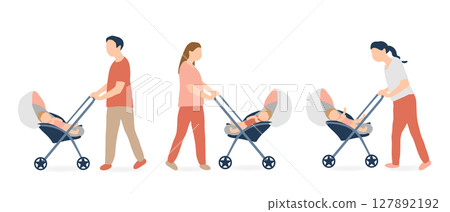 Set of three moms and dads pushing a stroller (childcare, going out, parenting illustration) 127892192