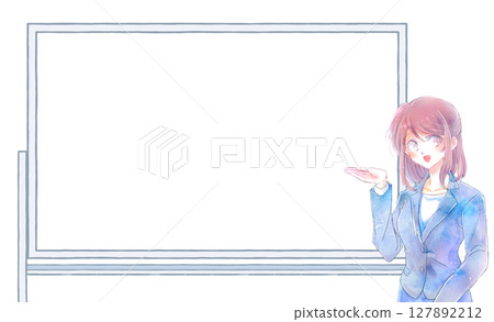 A woman in a suit speaking in front of a whiteboard A woman in a suit speaking in front of a whiteboard 127892212