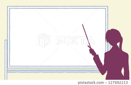 Woman pointing with pointer, whiteboard, silhouette Woman pointing with pointer, whiteboard, silhouette 127892213