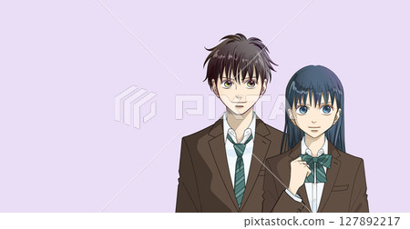 高中或國中男孩和女孩的動漫風格插圖，柔和的色彩單色簡單背景，有影印空間 127892217