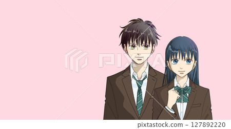 高中或國中男孩和女孩的動漫風格插圖，柔和的色彩單色簡單背景，有影印空間 127892220