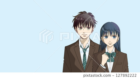 Anime-style illustration of high school or junior high school boys and girls, gentle color monochromatic simple background, copy space available Anime-style illustration of high school or junior high school boys and girls, gentle color monochromatic simple background, copy space available 127892222